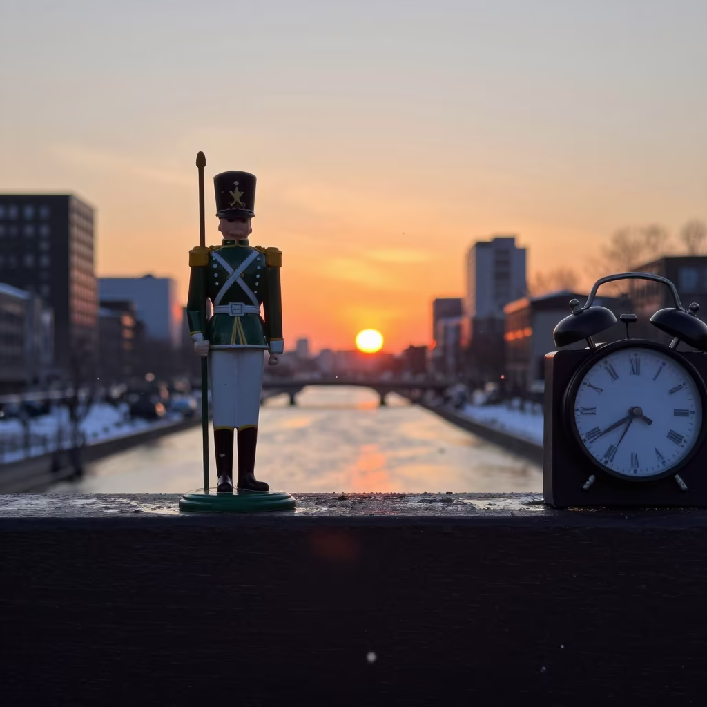 Tin Soldier Silhouette by Canal at Sunset in beside a canal in New York