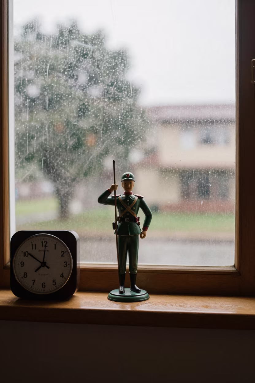 Tin Toy Soldier on Shelf Beside Clock in Freetown in in Freetown