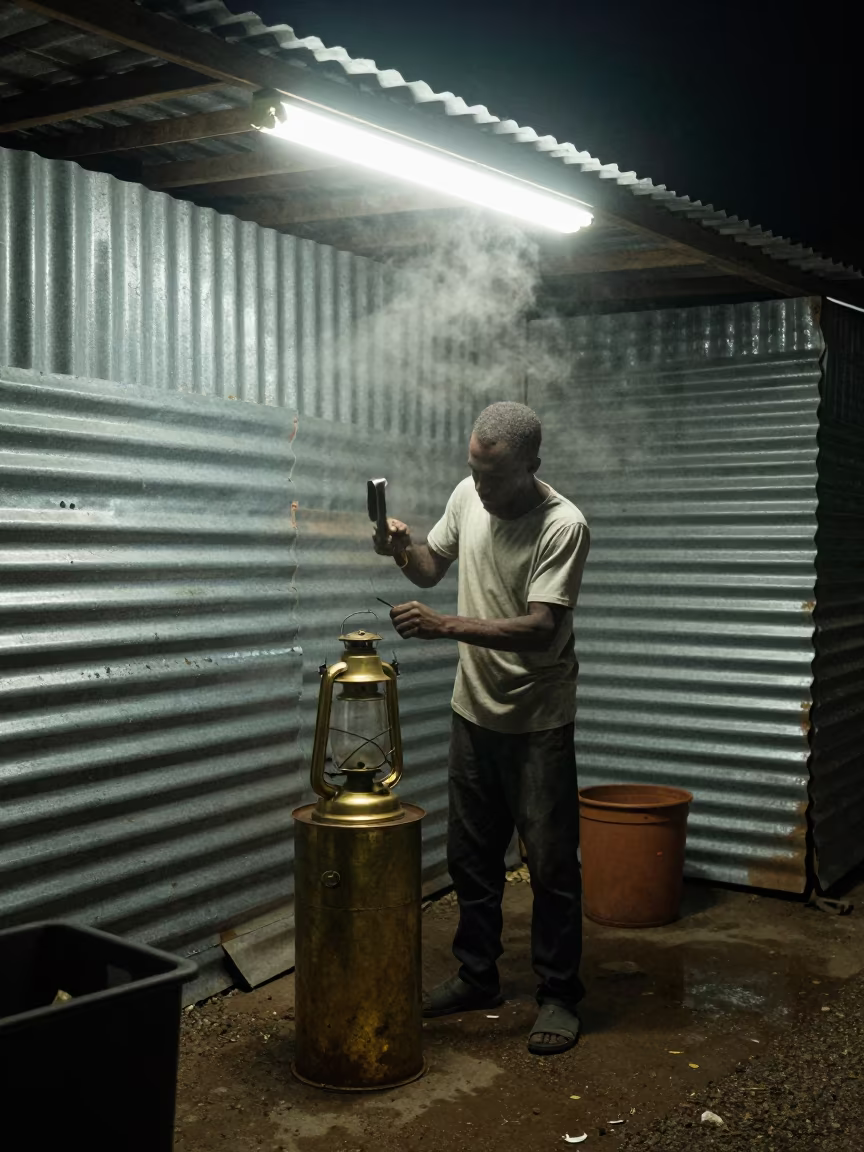 Tinsmith Hammering Lantern Under Fluorescent Light in near Les Cayes