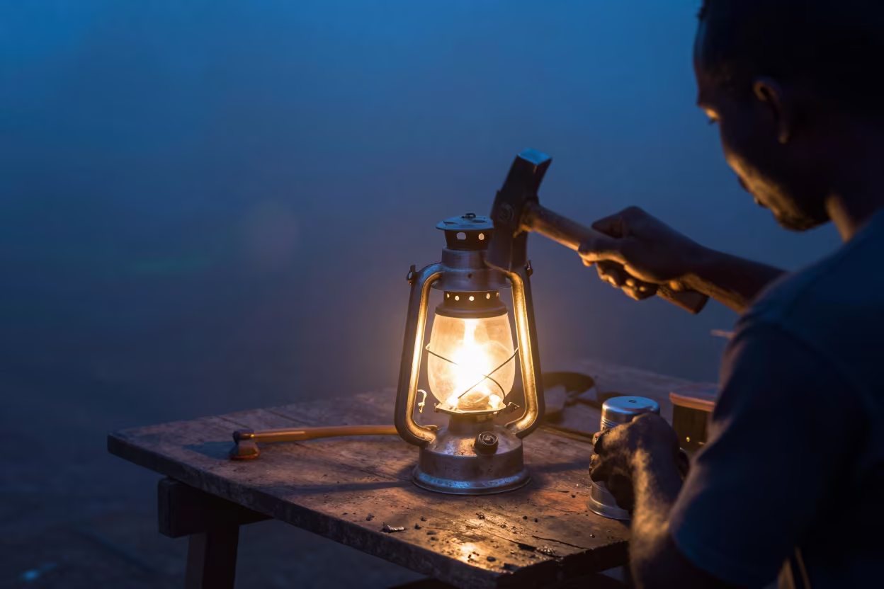 Tinsmith Hammering Lantern in Indigo Twilight in near Ogbomosho