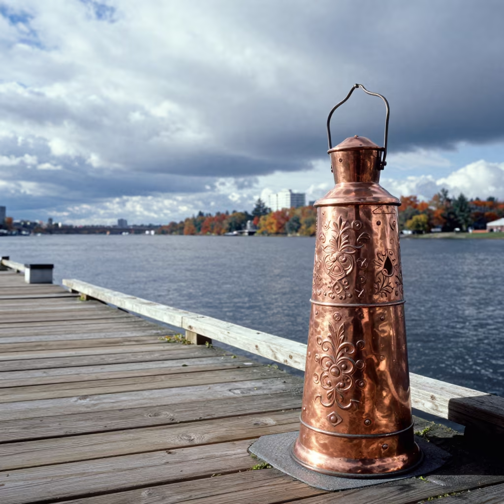 Tinsmith Punching Lantern Patterns Halifax in near a riverside landing in Halifax