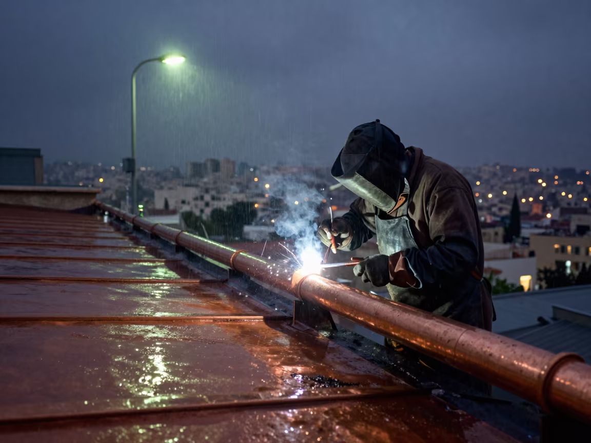Tinsmith Soldering Copper Gutter in Haifa Midnight Rain in in Haifa
