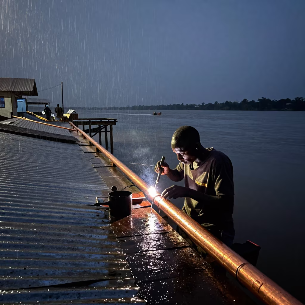 Tinsmith Soldering Copper Gutter at Kinshasa Harbor Twilight in at a harbor edge in Kinshasa