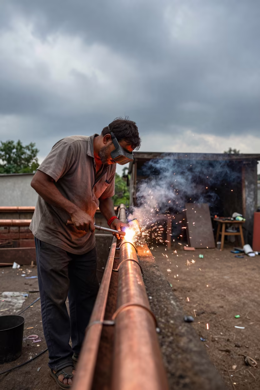 Tinsmith Soldering Copper Gutter in Rainy Afternoon in near Bhilai
