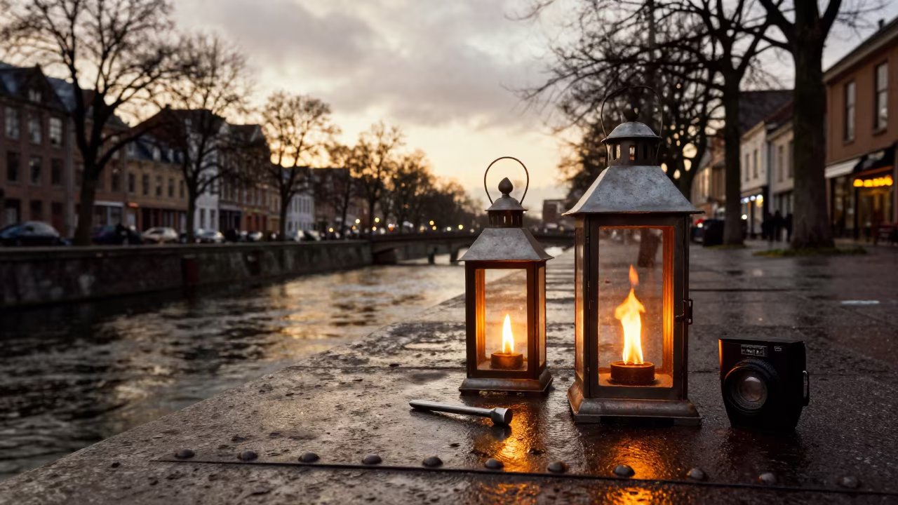 Tinsmith Tools and Lantern by Rome Canal in beside a canal in Rome