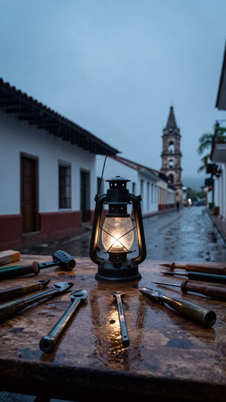 Tinsmith Tools Lantern Silhouette Twilight Rain Puerto Ayacucho in in the old quarter in Puerto Ayacucho