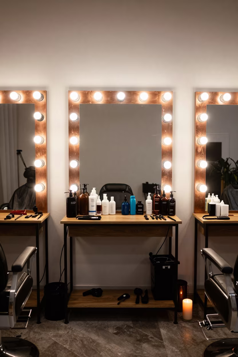 Tint Mixing Shelf Barber Station Before Dusk in at a barber station beneath mirror bulbs near Faro