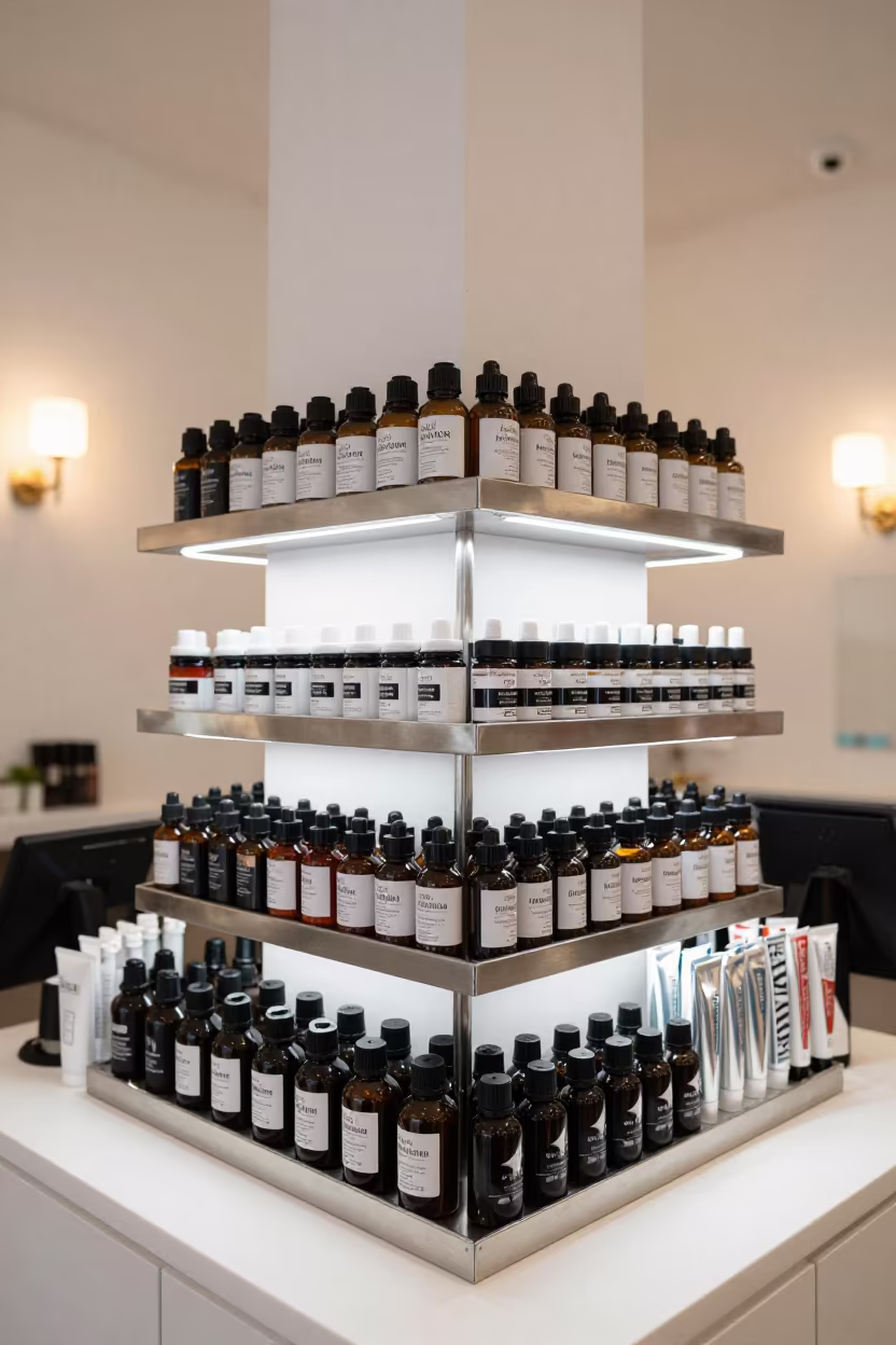 Tint Mixing Shelf Under Bright Vanity Light in in a beauty supply area under white LEDs in Regina