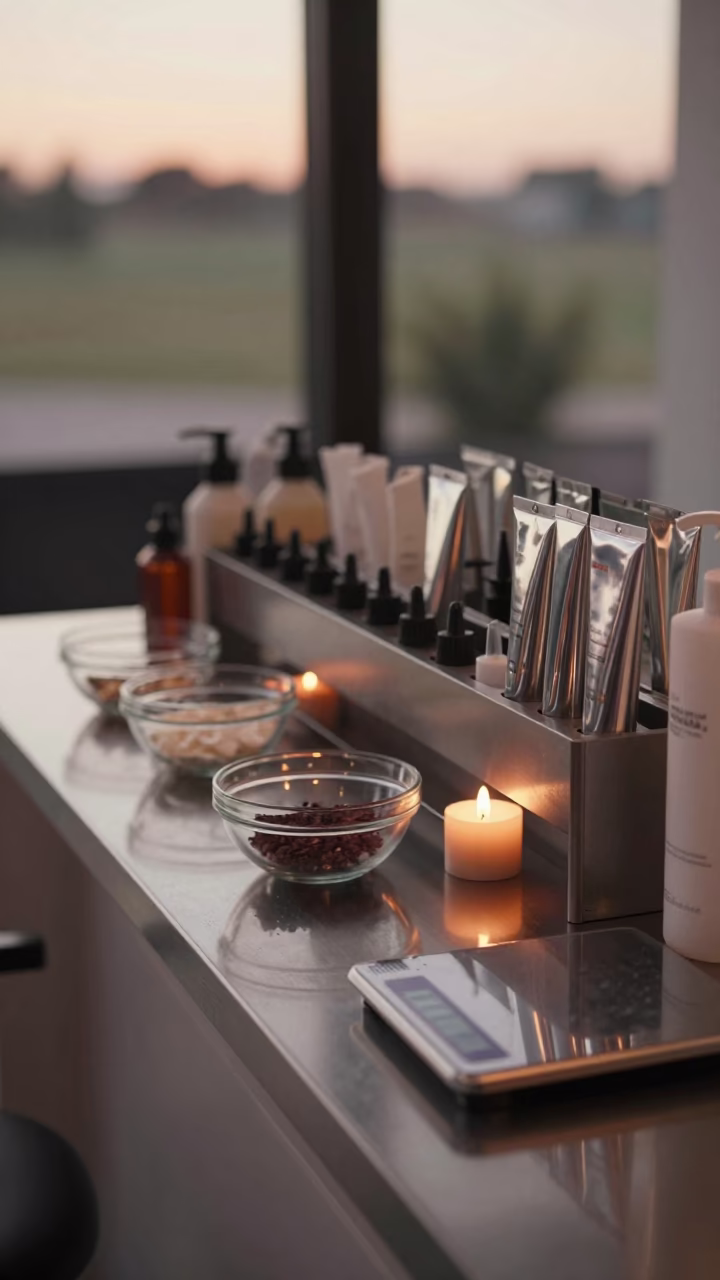 Tint Mixing Shelf in Warm Salon Light in at a salon reception counter near Manzini