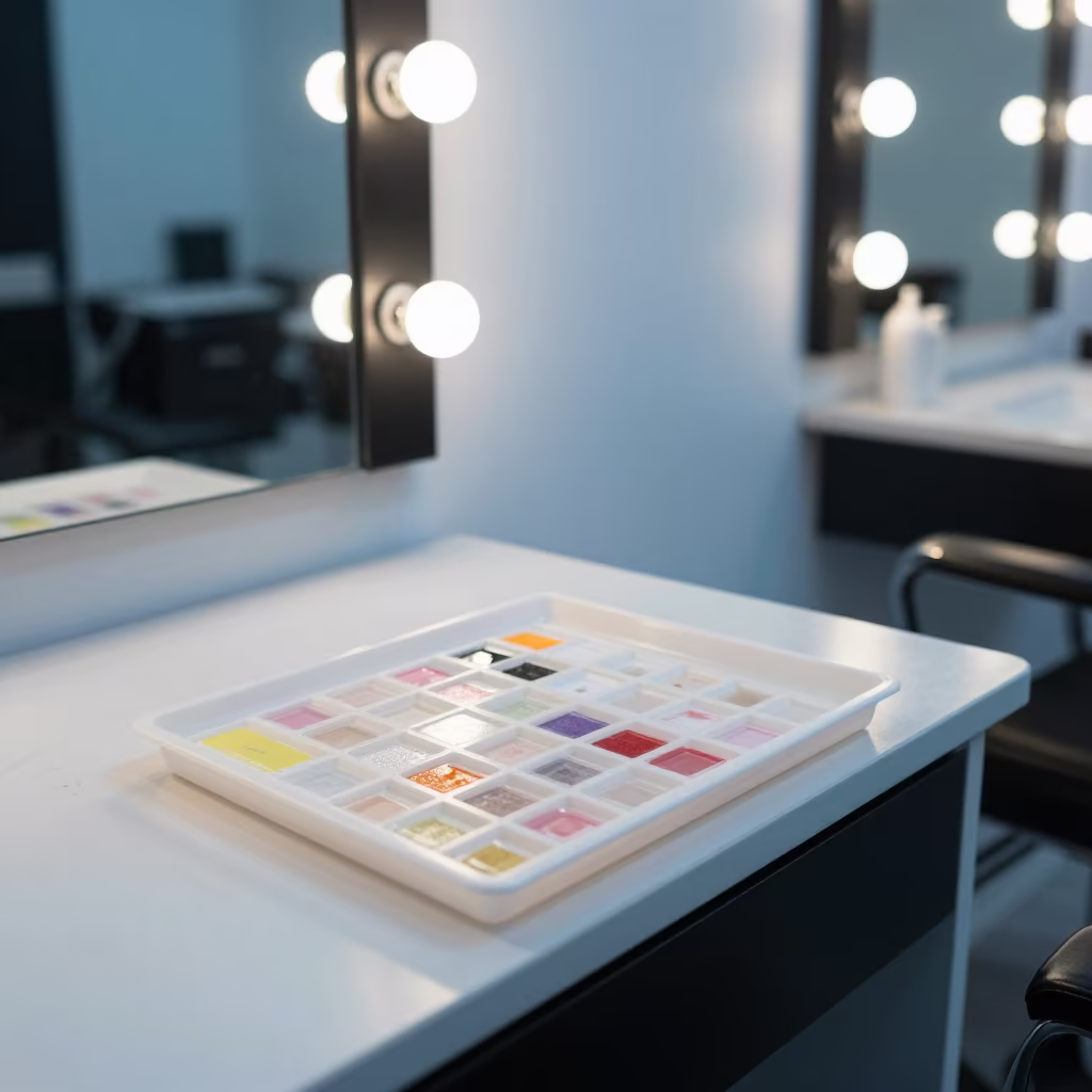 Tint Patch Test Card Tray in Barber Station in at a barber station beneath mirror bulbs in Torreón