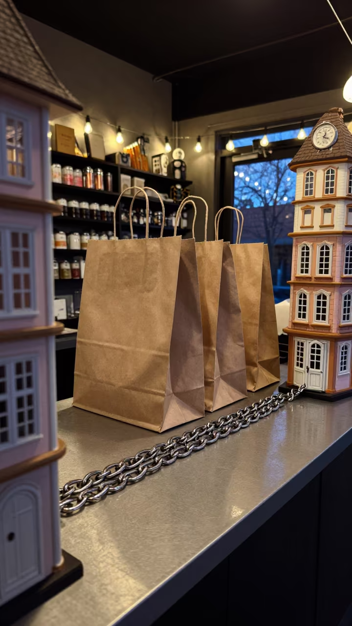 Tiny Buildings Along Cash Wrap Counter at Dawn in at a cash wrap counter with bags stacked nearby in Perth