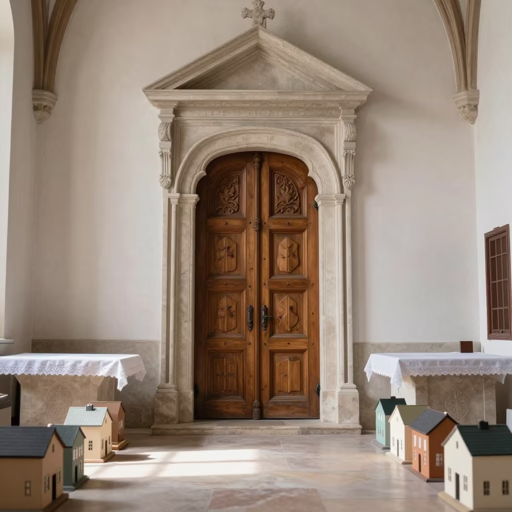 Tiny Buildings Line Wooden Church Door in at the foot of a stone altar in Puente Alto