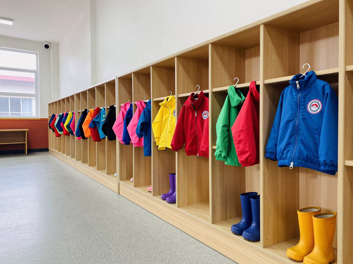 Tiny Jackets Boots on Wall in Lecture Hall Piura in in a lecture hall before the crowd arrives near Piura