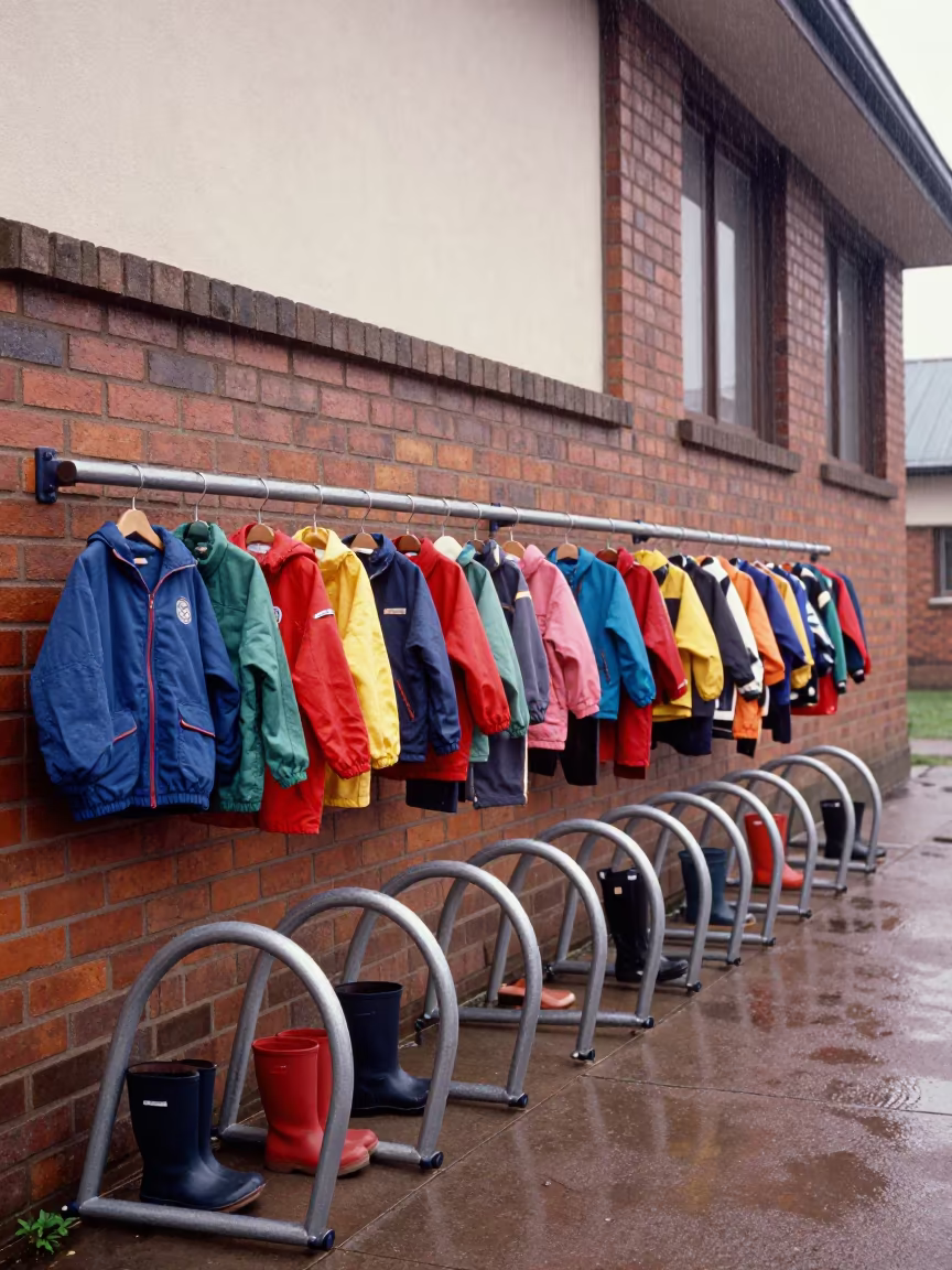 Tiny Jackets Boots on Wall at Nkayi Dawn in beside campus bike racks at dawn in Nkayi