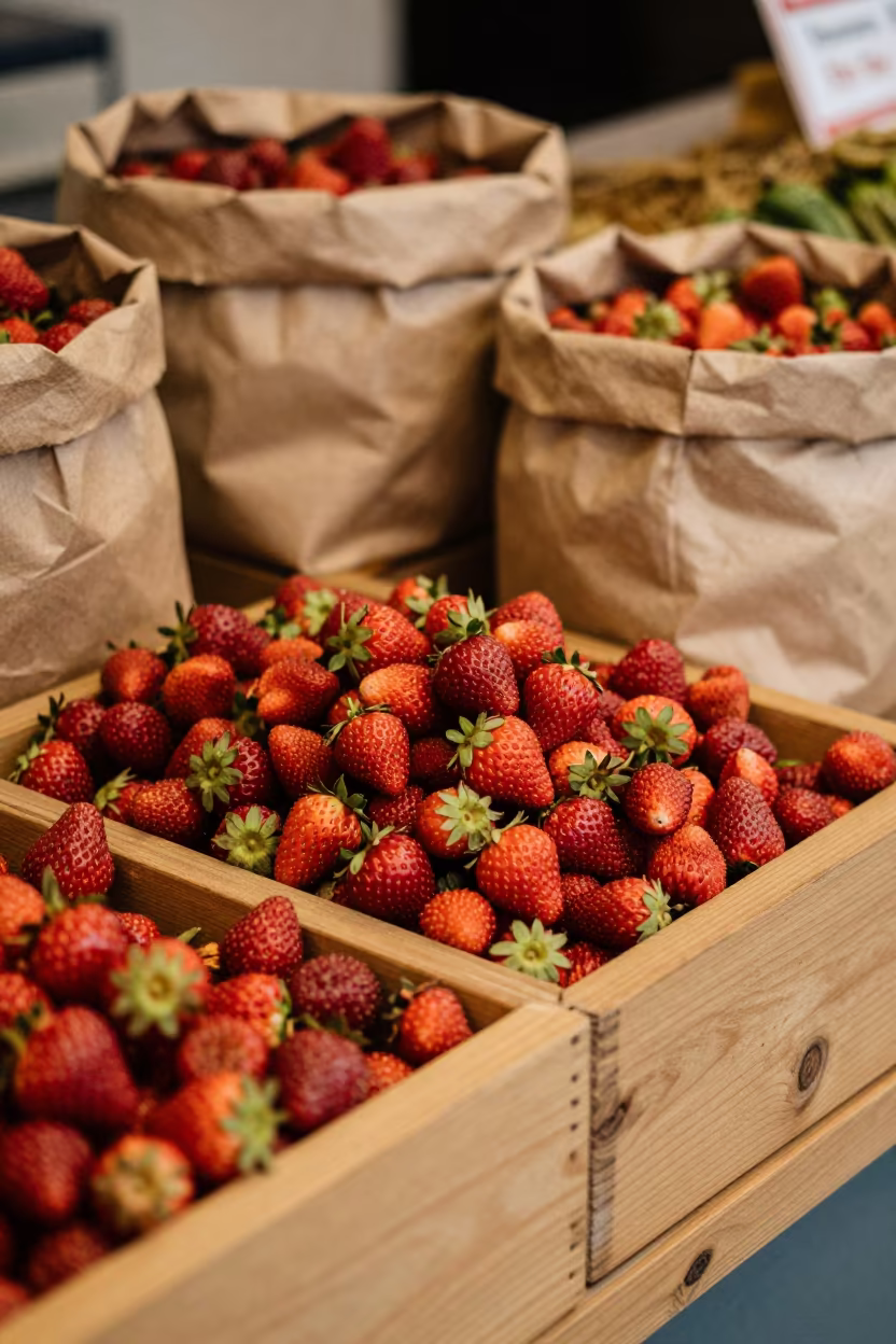 Tiny Red Strawberries on Grocer Counter Prizren in on a grocer's counter with stacked paper sacks near Prizren