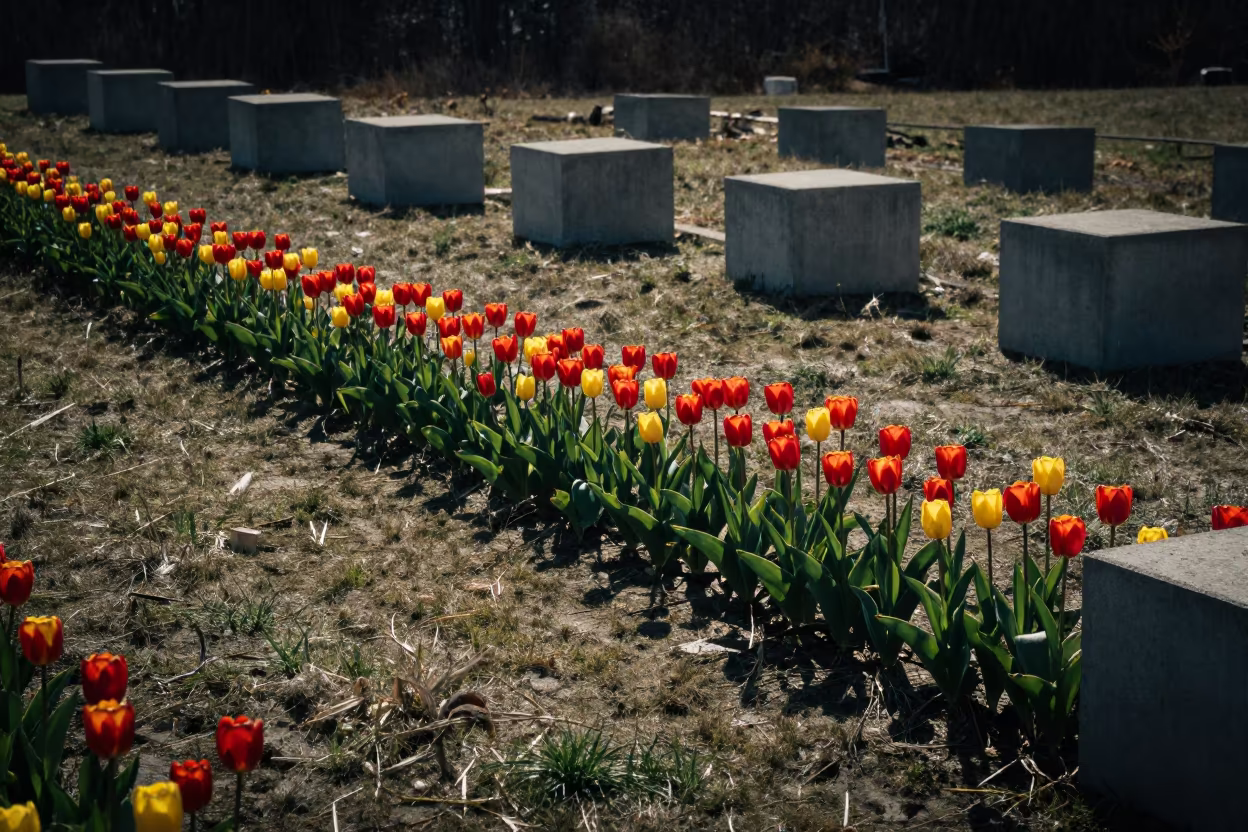 Tiny Shoebox Buildings Among Winter Tulips in in a bloom-heavy meadow in New Hampshire
