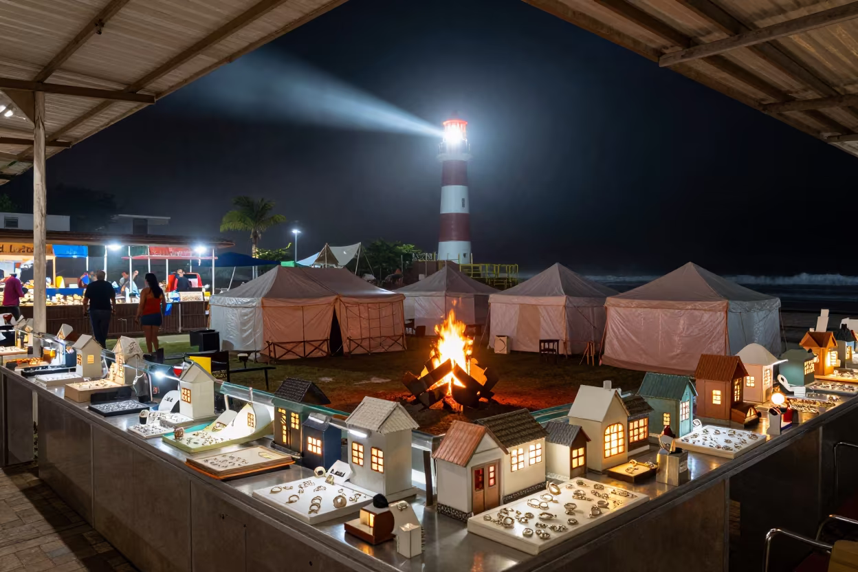Tiny Shoebox Buildings Lining Bazaar Counter Night in at a jewelry counter inside a covered bazaar in Florianopolis