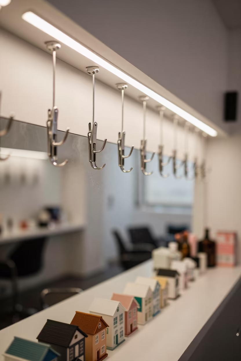 Tiny Shoebox Buildings on Beauty Hook in in a beauty supply area under white LEDs in Queenstown