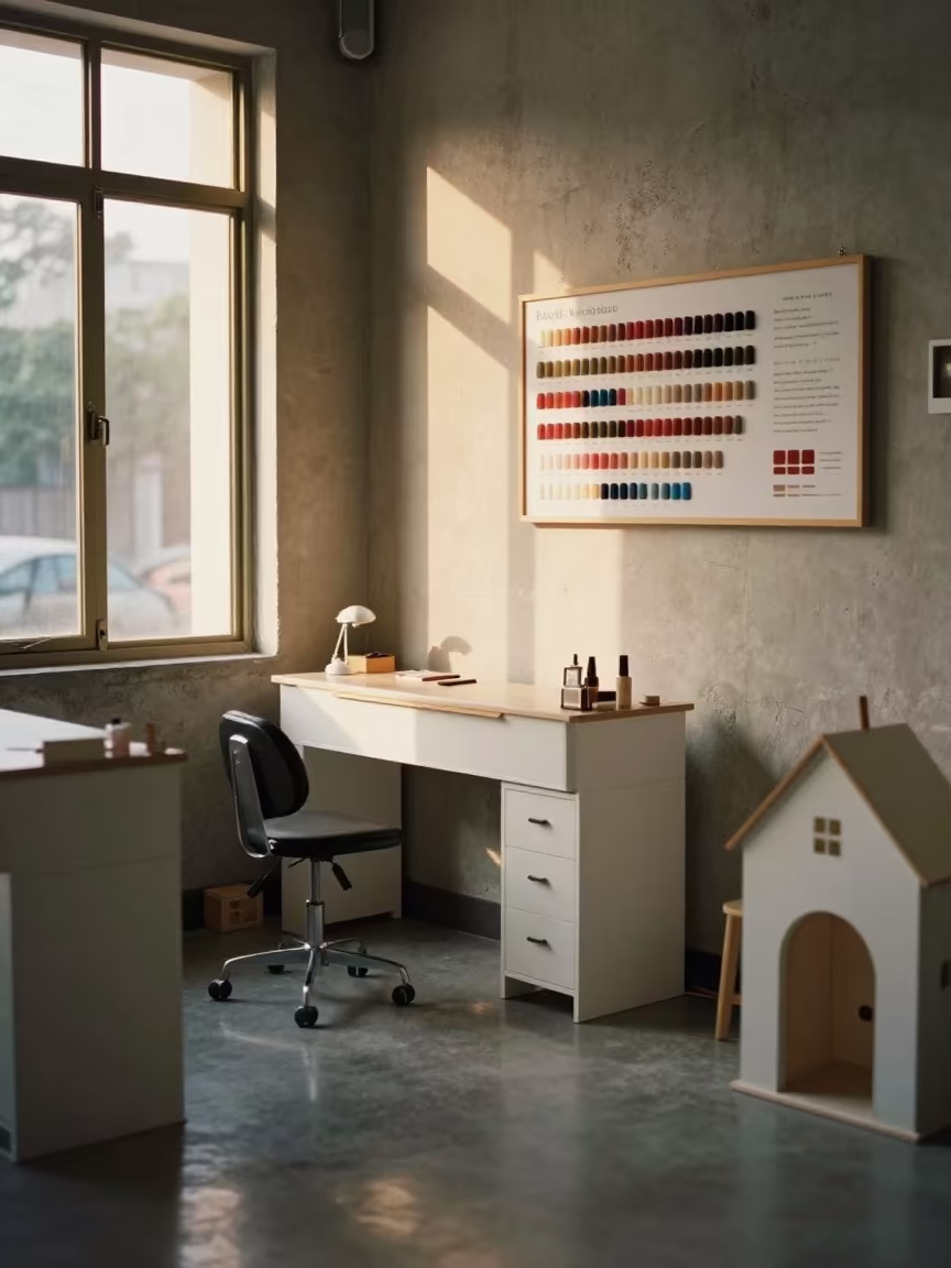 Tiny Shoebox Buildings in Nail Studio Window in inside a nail studio near Meerut