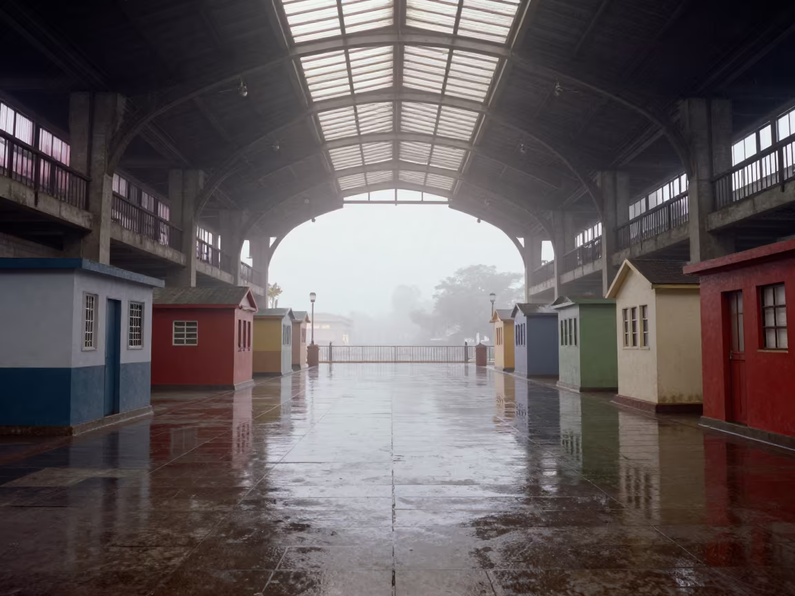 Tiny Shoebox Buildings in Santo Domingo Dawn in inside a skylit passageway in Santo Domingo