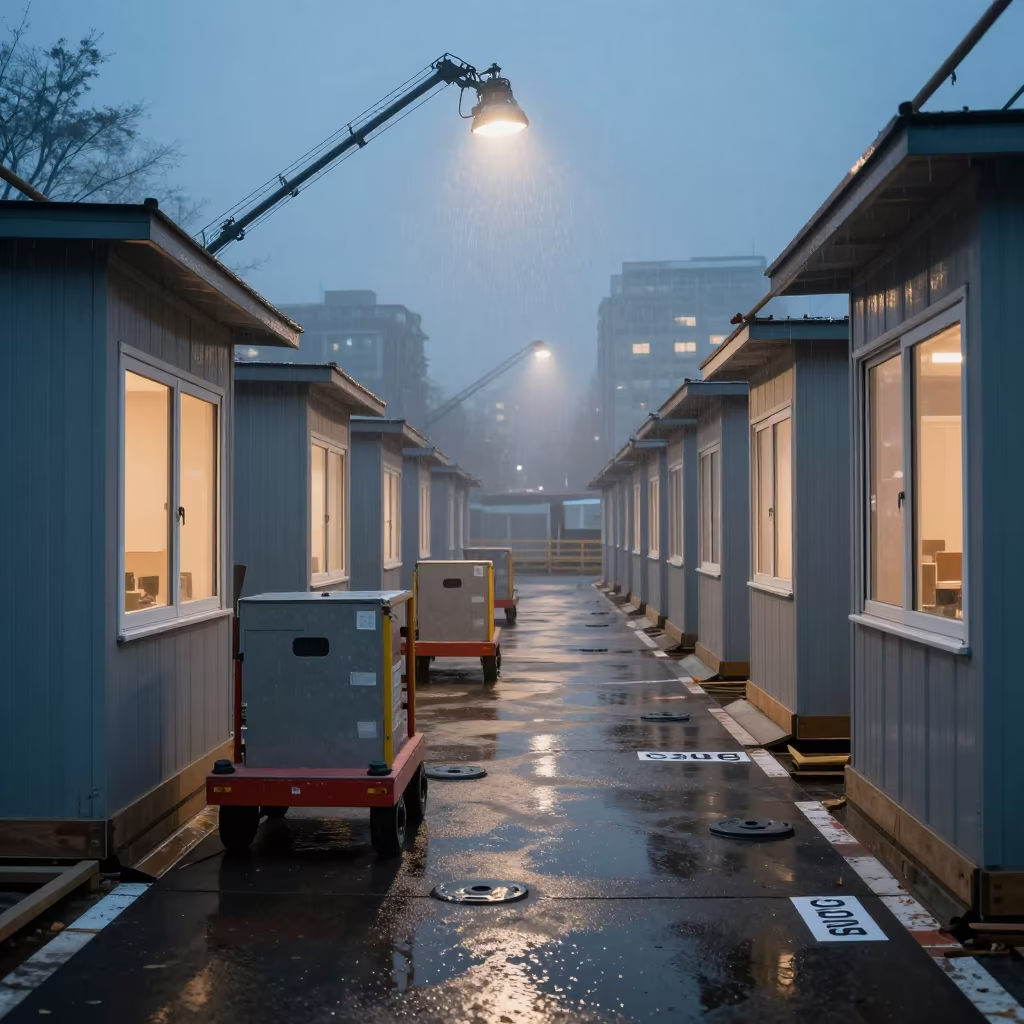 Tiny Shoebox Buildings on Scaffolded Facade in along a scaffolded facade near Cagua