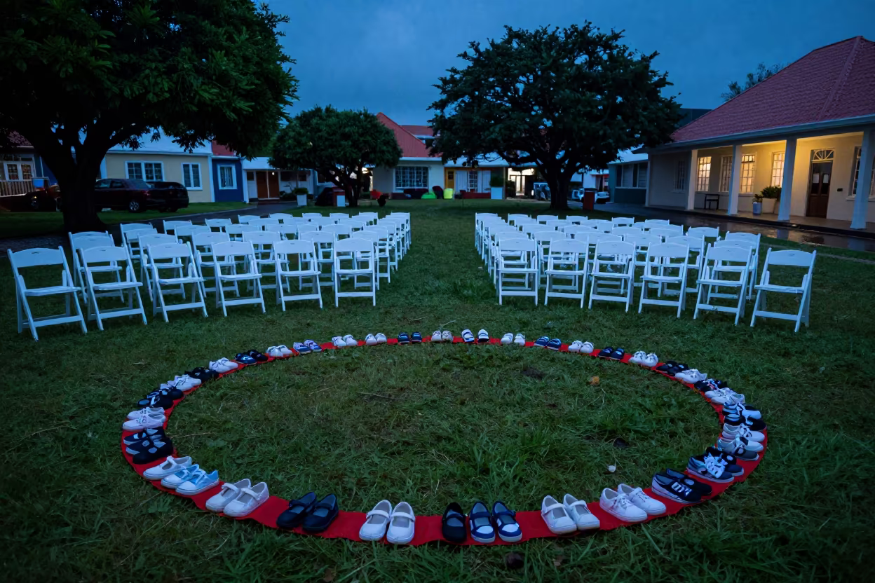 Tiny Shoes Ring Preschool Rug Graduation Lawn in on a graduation lawn under folding chairs in Willemstad