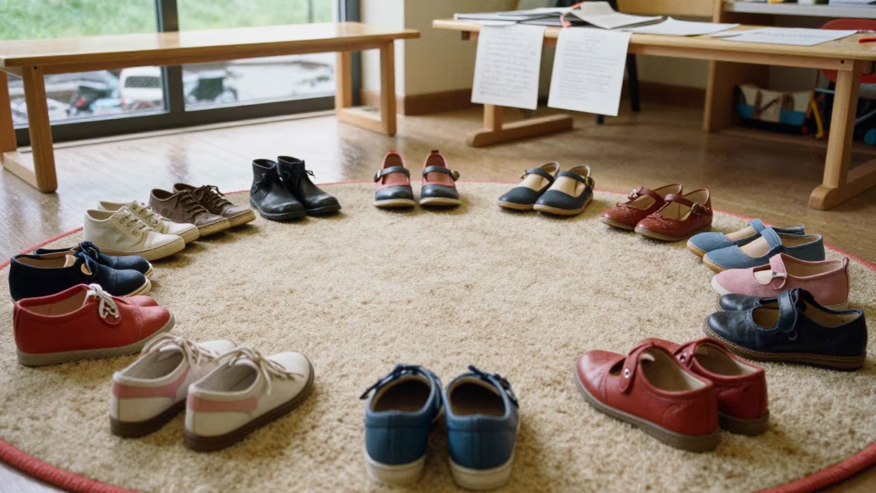 Tiny Shoes Ring Preschool Rug in Kunming in at a seminar table covered in notes in Kunming