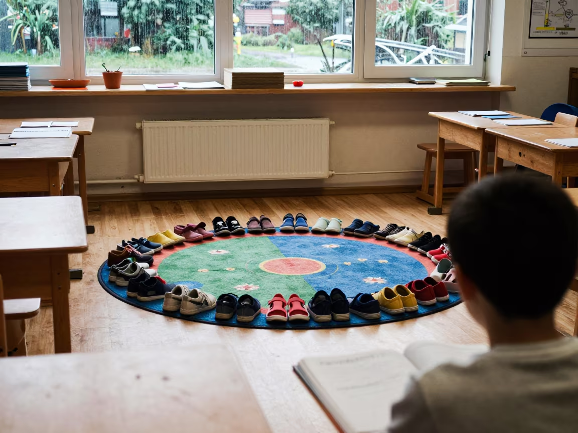 Tiny Shoes Ring Reading Rug in Leipzig Woodshop in in a woodshop classroom in Leipzig