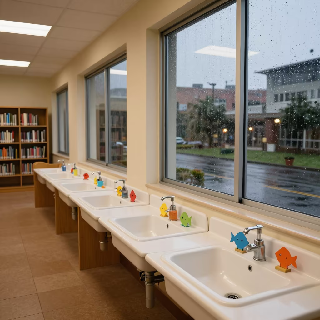 Tiny Soap Pumps and Paper Fish at Library Sink in inside a campus library reading room near Port Harcourt