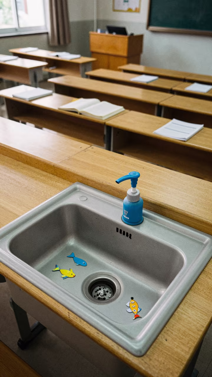 Tiny Soap Pumps and Paper Fish on Preschool Sink in in a lecture hall before the crowd arrives in Wenzhou