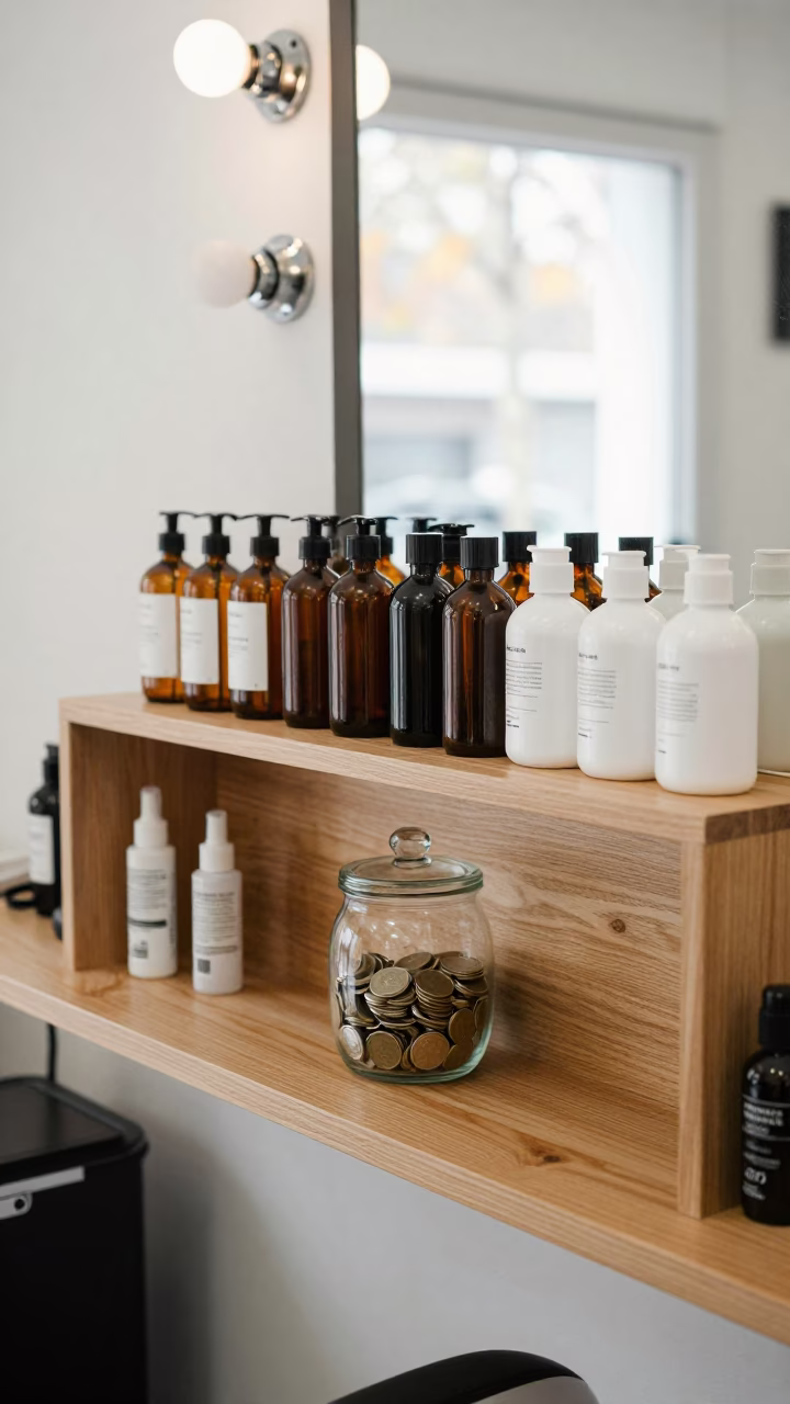 Tip Jar Shelf Barber Station Dry Bridge Market in at a barber station beneath mirror bulbs near Dry Bridge Market, Tbilisi