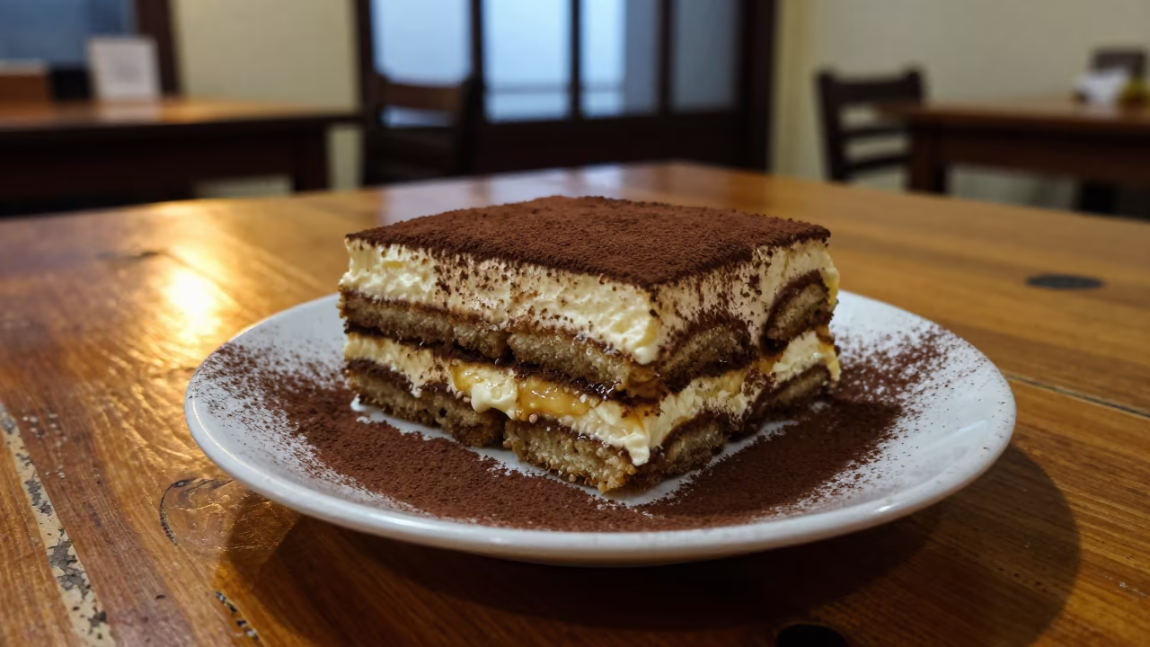 Tiramisu on Cocoa Dust in Abuja Diner in at a roadside diner table in Abuja