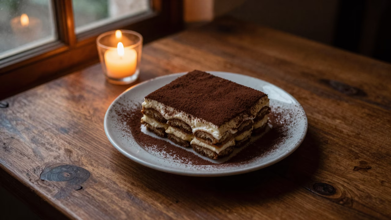 Tiramisu with Cocoa on Oaxacan Table in on a rustic wooden table in Oaxaca