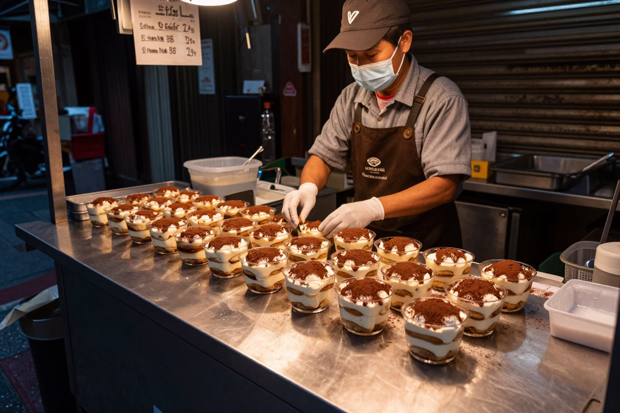 Tiramisu Dessert at Copper-toned Light Before Dusk in Taipei in in Taipei, Taiwan