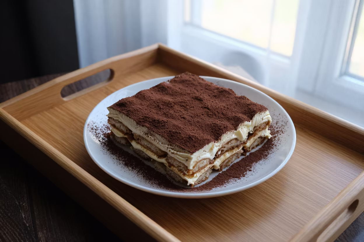 Tiramisu on Tea House Tray Klaipeda Dawn in on a tea house tray in Klaipėda