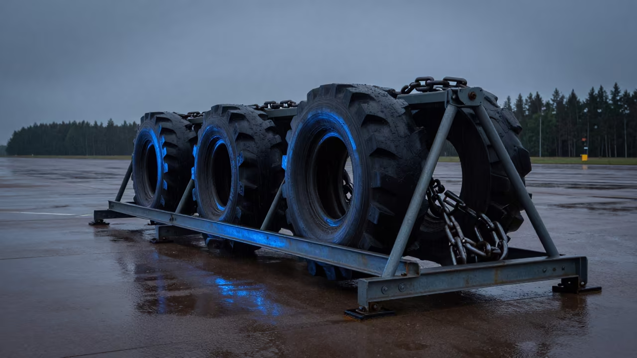 Tire Chain Rack on Estonian Airbase in along an airbase flight line in Estonia