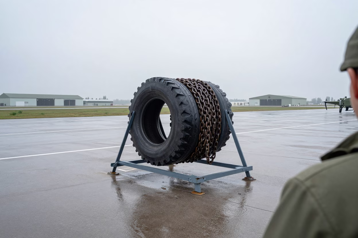 Tire Chain Rack on Karaganda Airbase Flight Line in along an airbase flight line in Karaganda