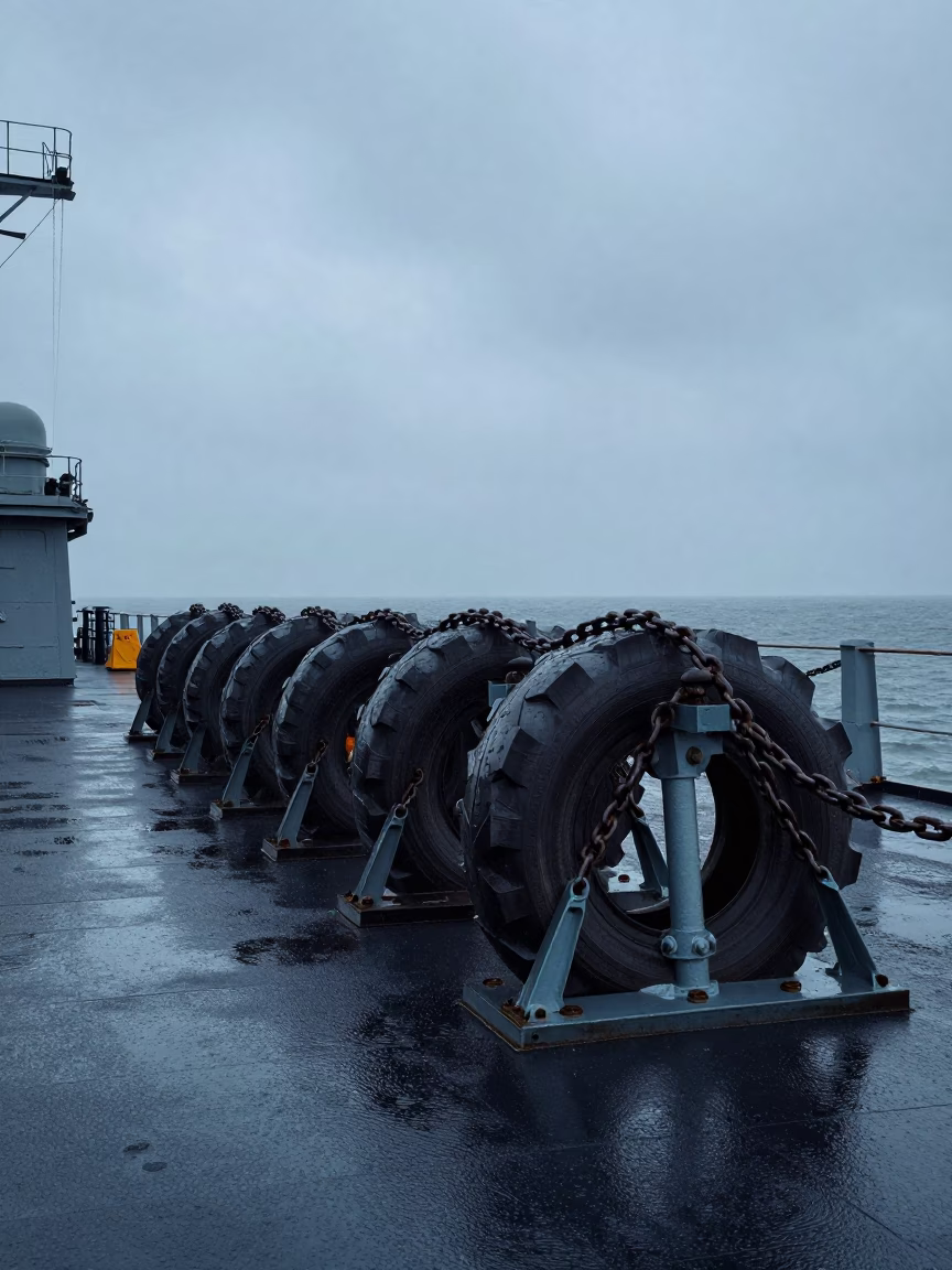 Tire Chain Rack on Naval Deck in Guinea in on a naval deck in rough wind in Guinea