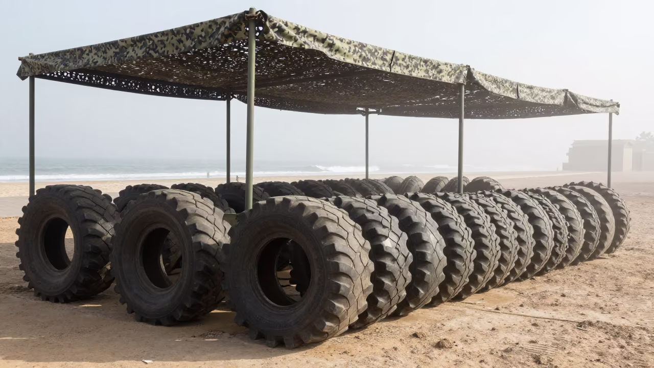 Tire Chains in Dire Dawa Shelter Under Coastal Glare in beneath a camouflage net shelter in Dire Dawa