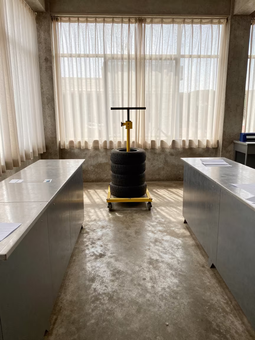 Tire Thumper Rack at Lagos Packing Station in at a fulfillment packing station near Ikoyi, Lagos