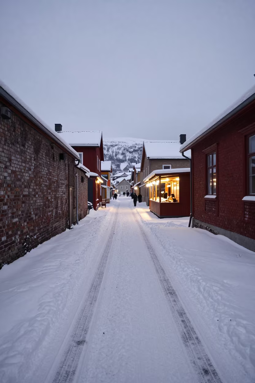Tire Tracks in Fresh Snow Tromsø Alley in along a market-lined side street in Tromsø