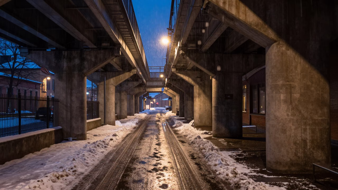 Tire Tracks in Snow Under Helsinki Train Tracks in under an elevated train line in Helsinki