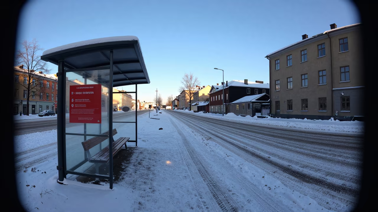 Tire Tracks Through Snow at Stockholm Tram Stop in at a tram stop in Stockholm