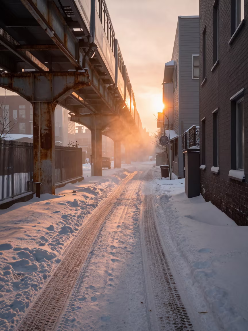 Tire Tracks Through Snow Under Anchorage Train Line in under an elevated train line in Anchorage