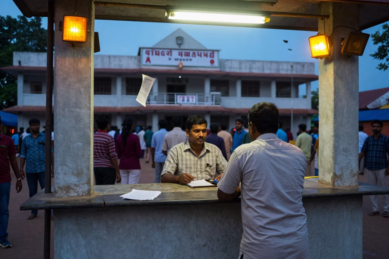 Tiruchirappalli Town Clerk Counter Evening Rush in beneath government building floodlights in Tiruchirappalli