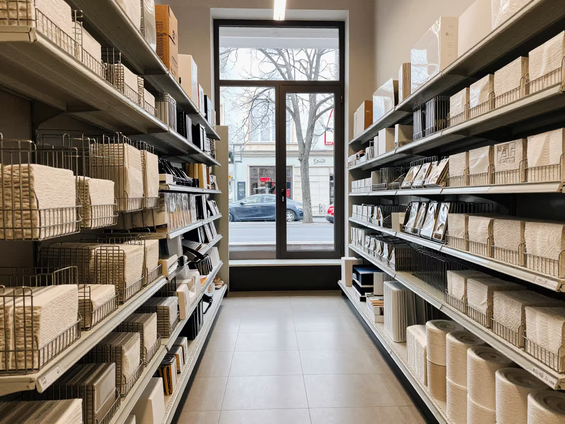 Tissue Divider Rack in Budapest Retail Window in beside a seasonal endcap near the sales floor near Budapest