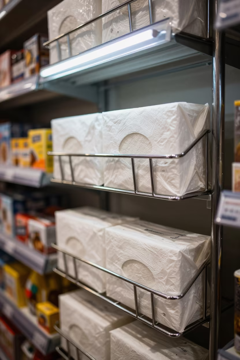 Tissue Divider Rack Kadikoy Store Night in beside a seasonal endcap near the sales floor in Kadikoy, Istanbul