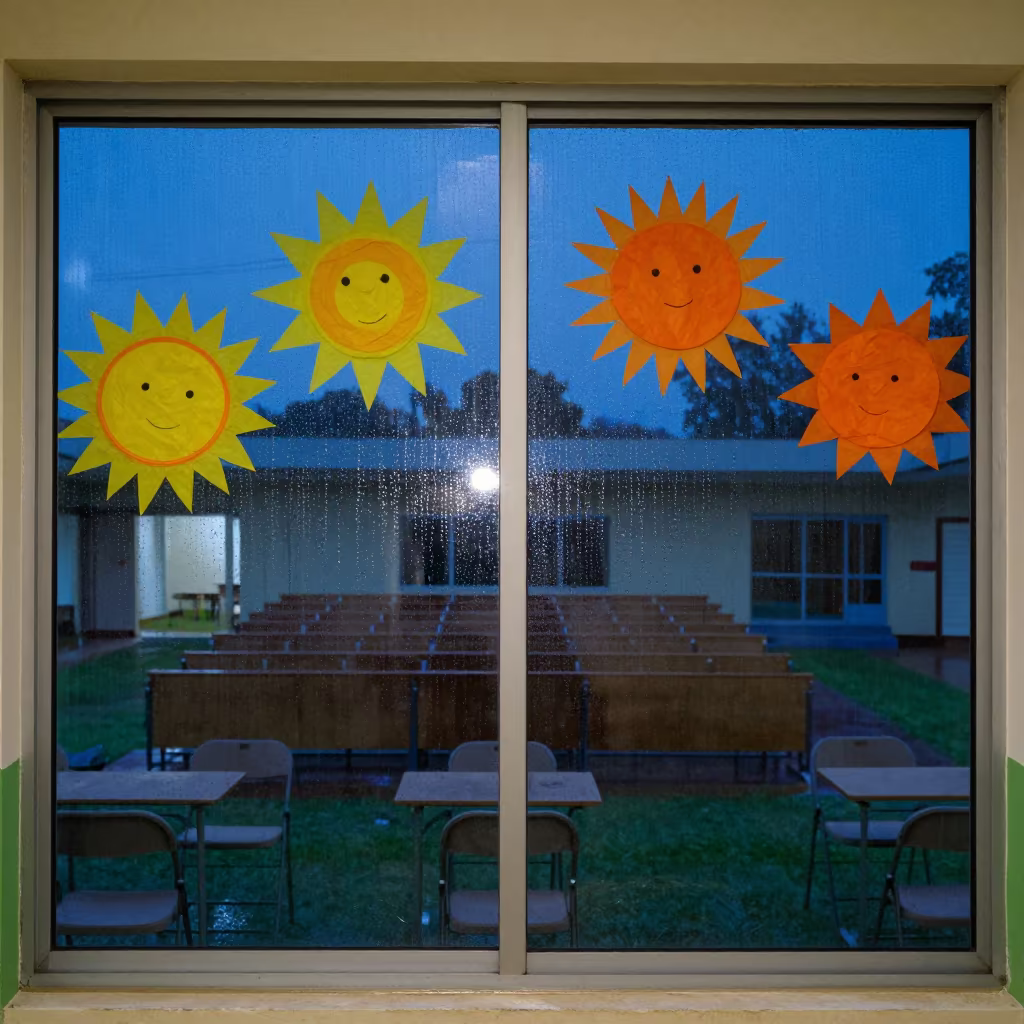 Tissue Paper Suns Glow in Night Rain in on a graduation lawn under folding chairs in Victoria Seychelles