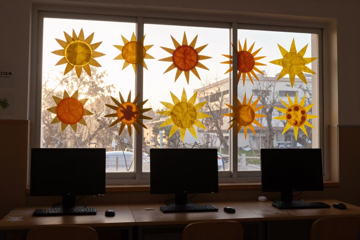 Tissue Paper Suns in Kfar Saba Preschool Window in in a computer lab before lessons in Kfar Saba