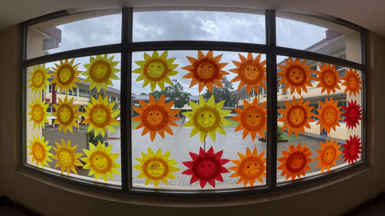 Tissue Paper Suns on Preschool Window in Monsoon Light in along a schoolyard walkway near Tando Allahyar